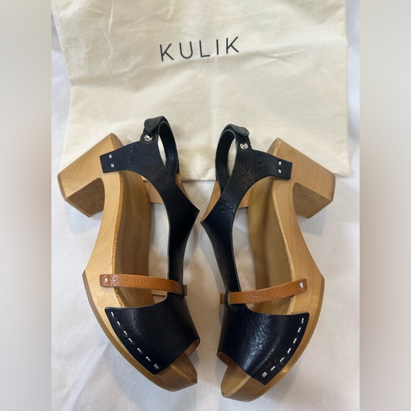 Kulik sandal clog, black w/brown accent leather & wooden sole size 40 EU / 9 US - Picture 7 of 9